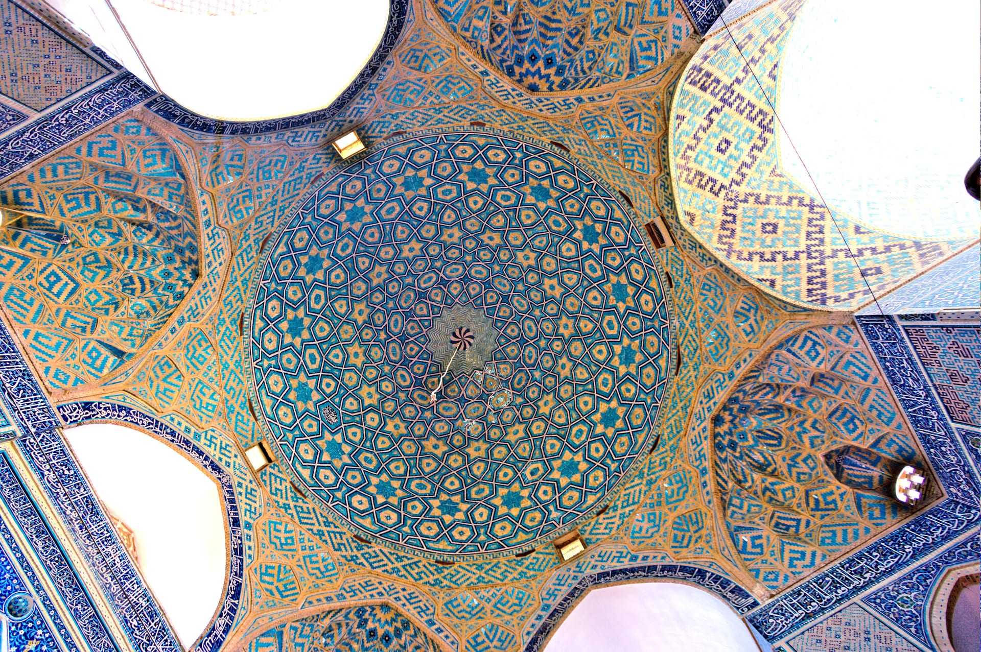 Tiled interior dome of the Jameh Mosque of Yazd, Iran